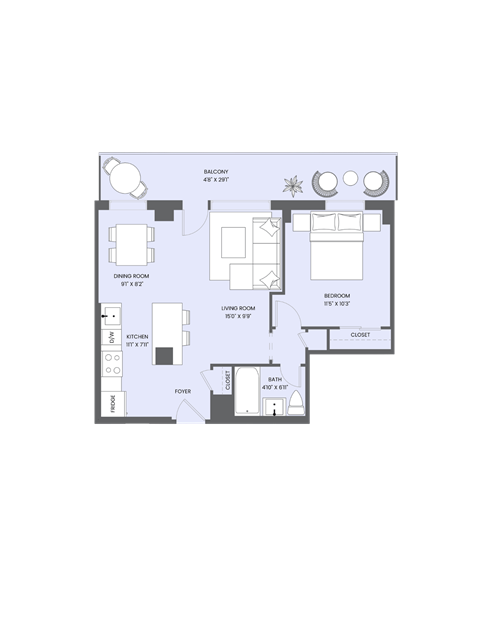 Floor plan for 1 bed, 1 bath, 563 sqft
